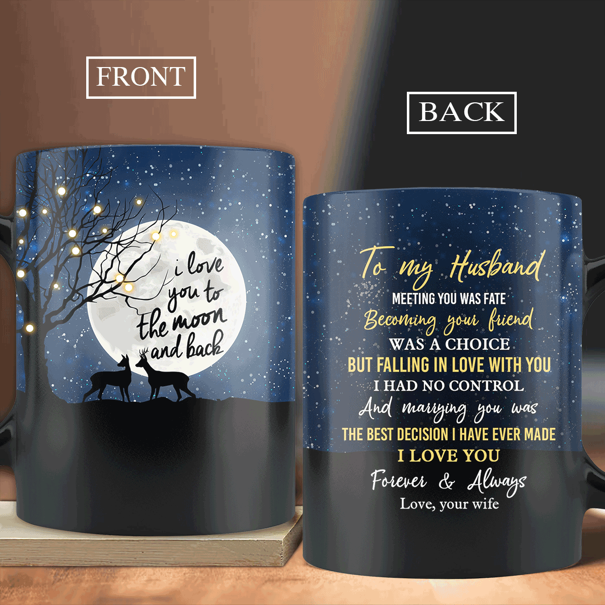 Couple Black Mug - To my husband, Deer couple under the night sky, Beautiful full moon Mug - Gift for Husband, couple, lover - I love you to the moon