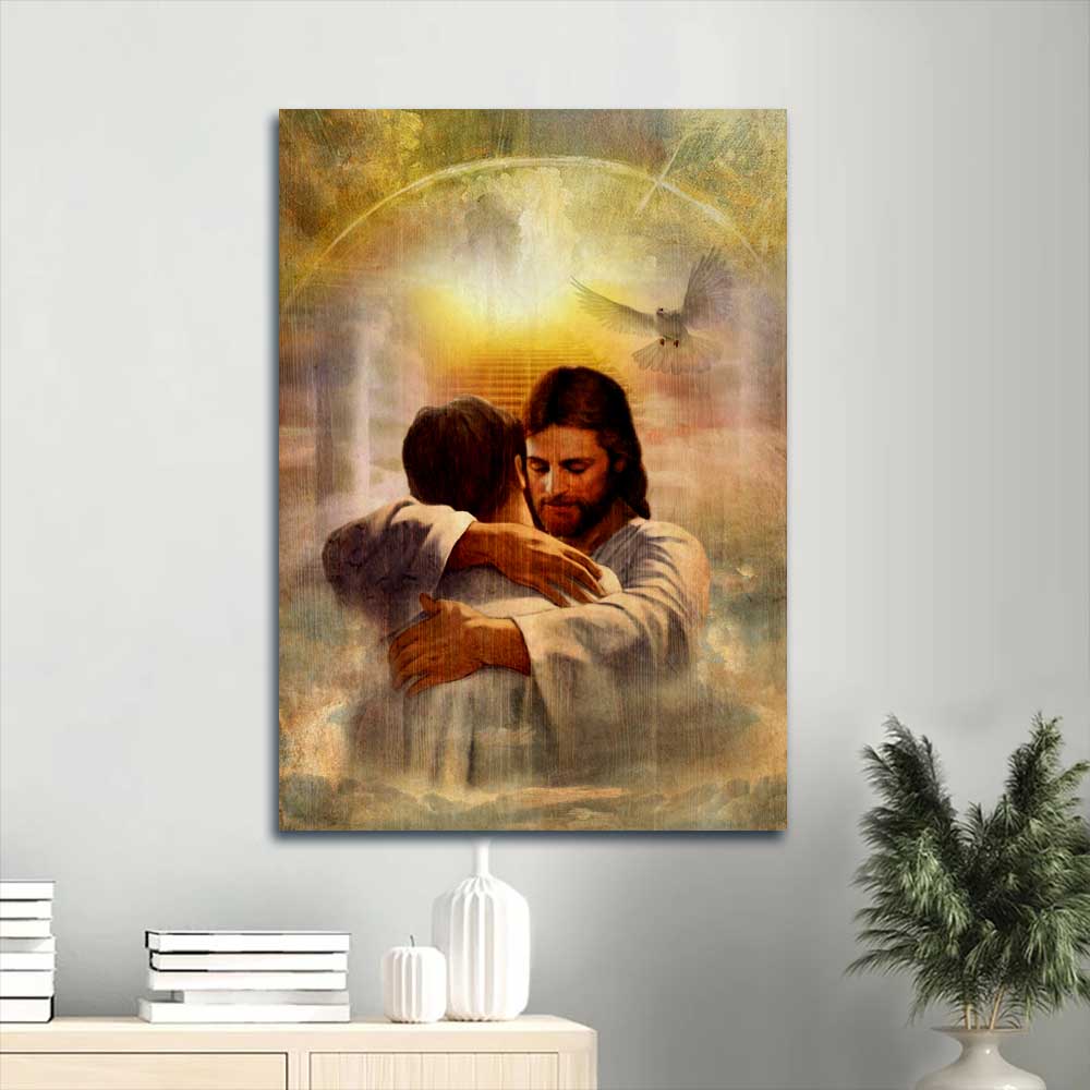 Jesus Portrait Canvas - Man hugging Jesus, Heaven's light, In the arms of Jesus Canvas - Gift for Christian Portrait Canvas