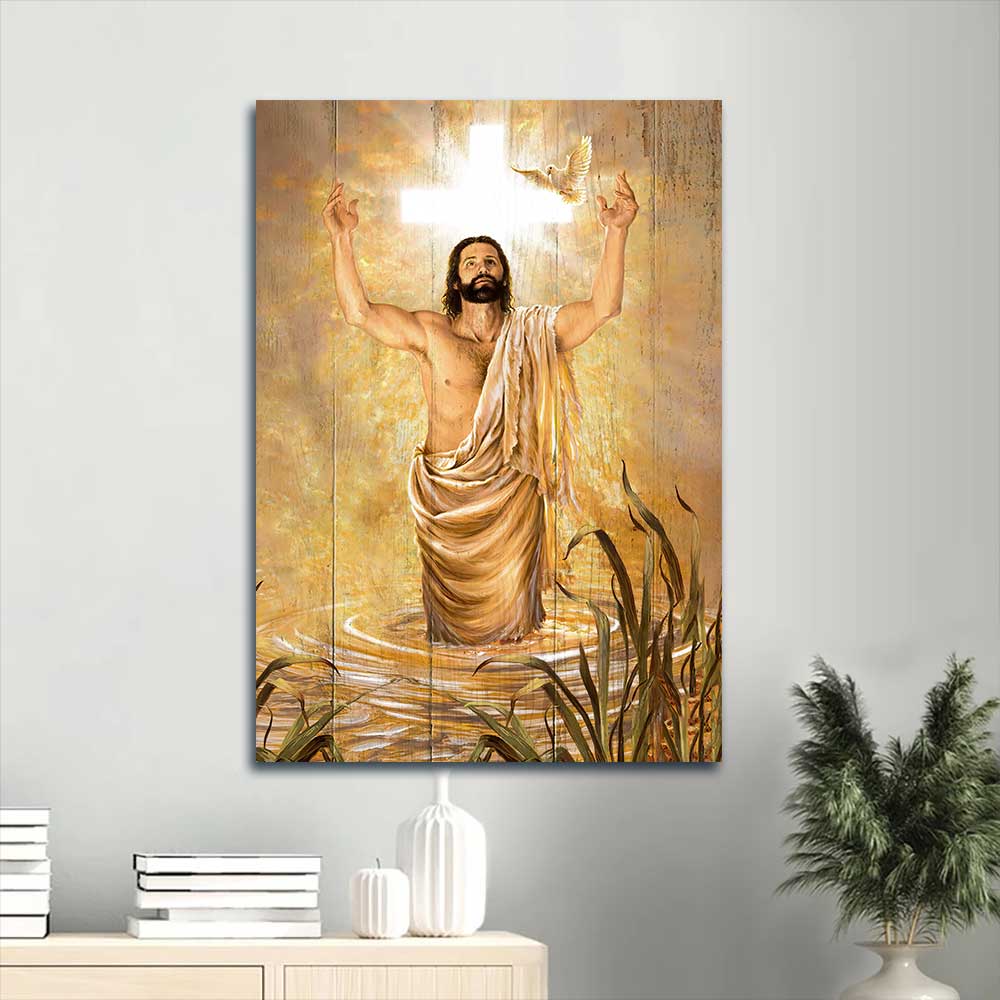 Jesus Portrait Canvas - Light cross, Jesus painting, Water surface, Flying dove Canvas - Gift For Christian Portrait Canvas
