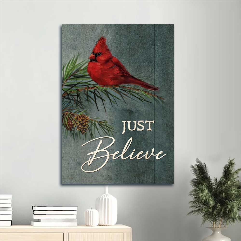 Jesus Portrait Canvas - Pretty cardinal, Pine cone tree, Jesus painting, Just believe Canvas - Gift for Christian Portrait Canvas