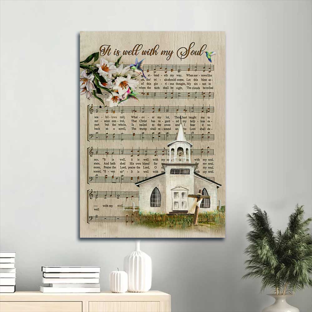 Jesus Portrait Canvas - Pretty church, Beautiful lily, Music sheet Canvas - Gift for Christian - It is well with my soul Portrait Canvas