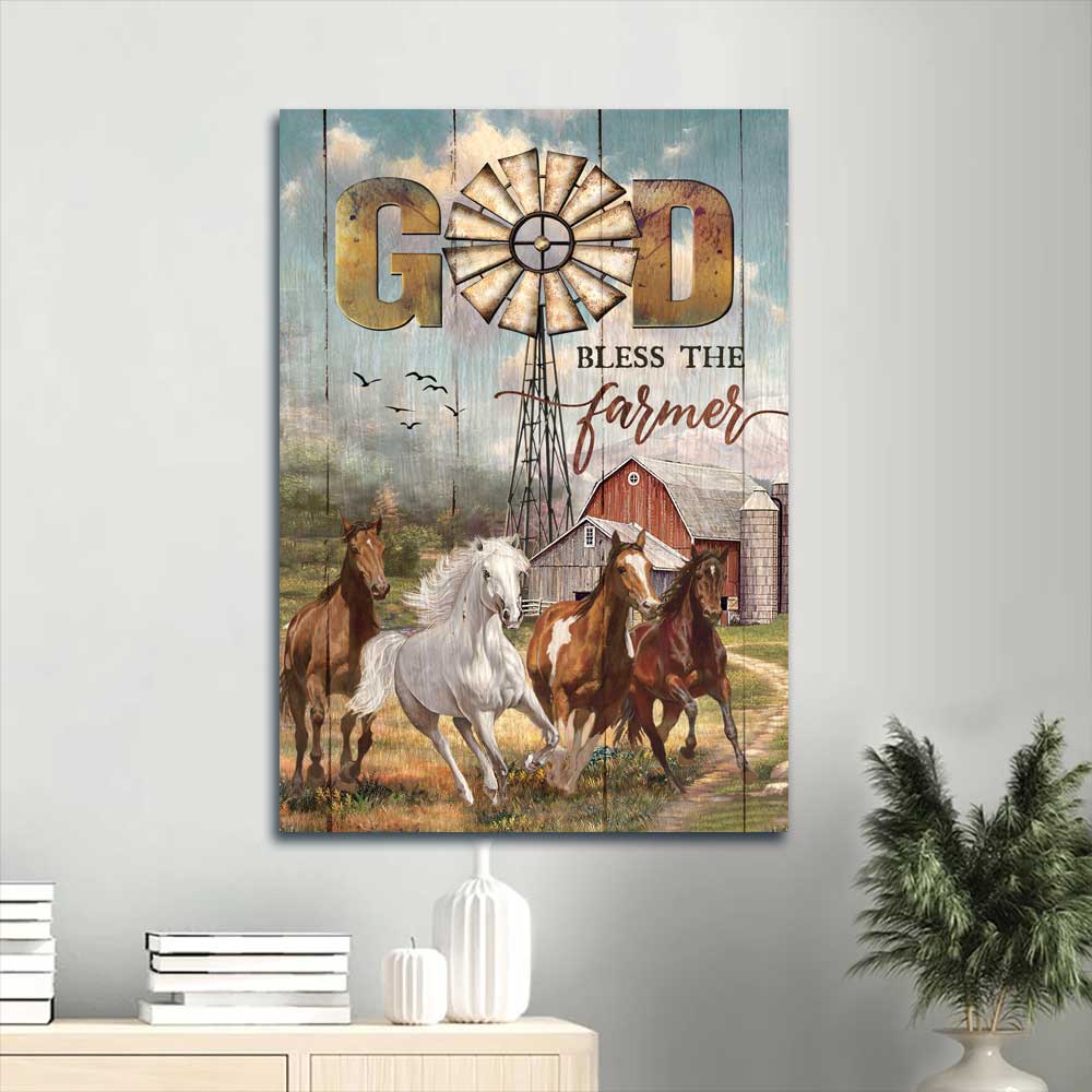 Jesus Portrait Canvas - Running horses, Red barn, Happy farm, Awesome windmill Canvas - Gift for Christian - God bless the farmer Portrait Canvas