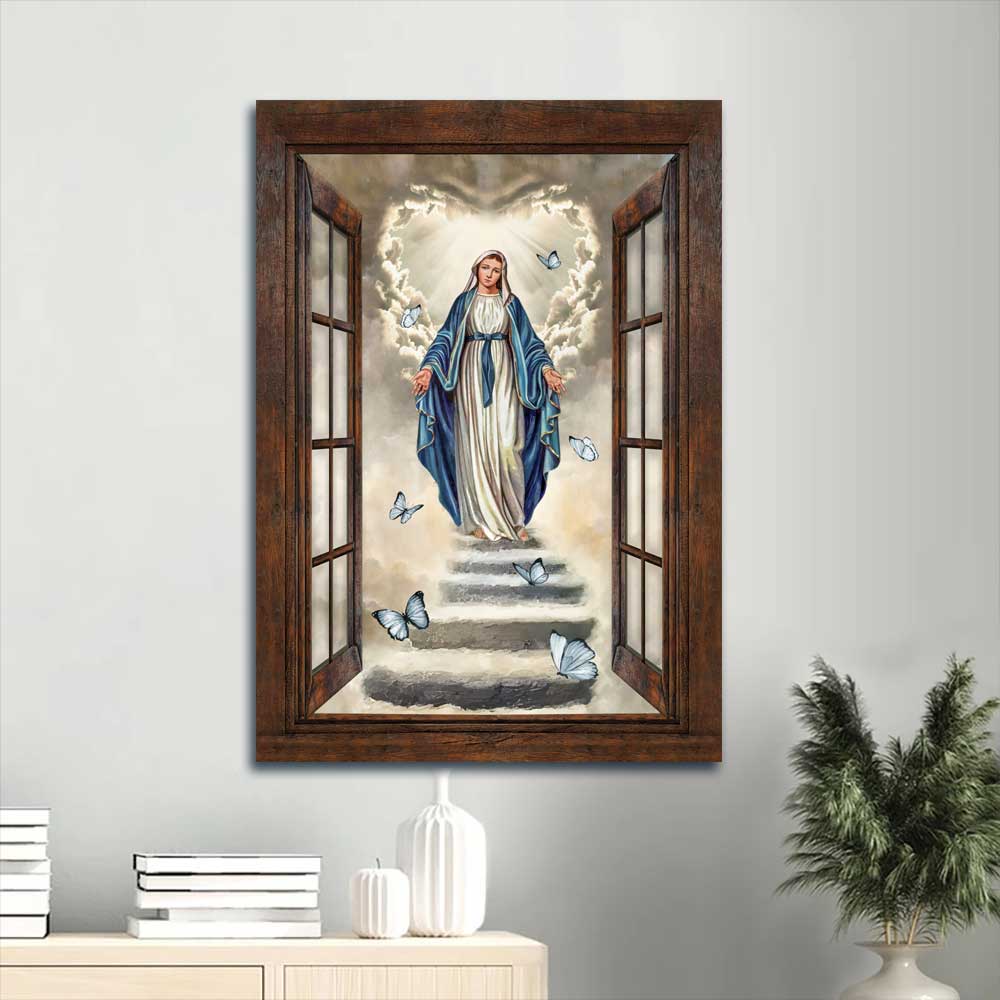 Jesus Portrait Canvas - Maria painting, Blue butterfly, Vintage window, The way to heaven Canvas - Gift for Christian Portrait Canvas