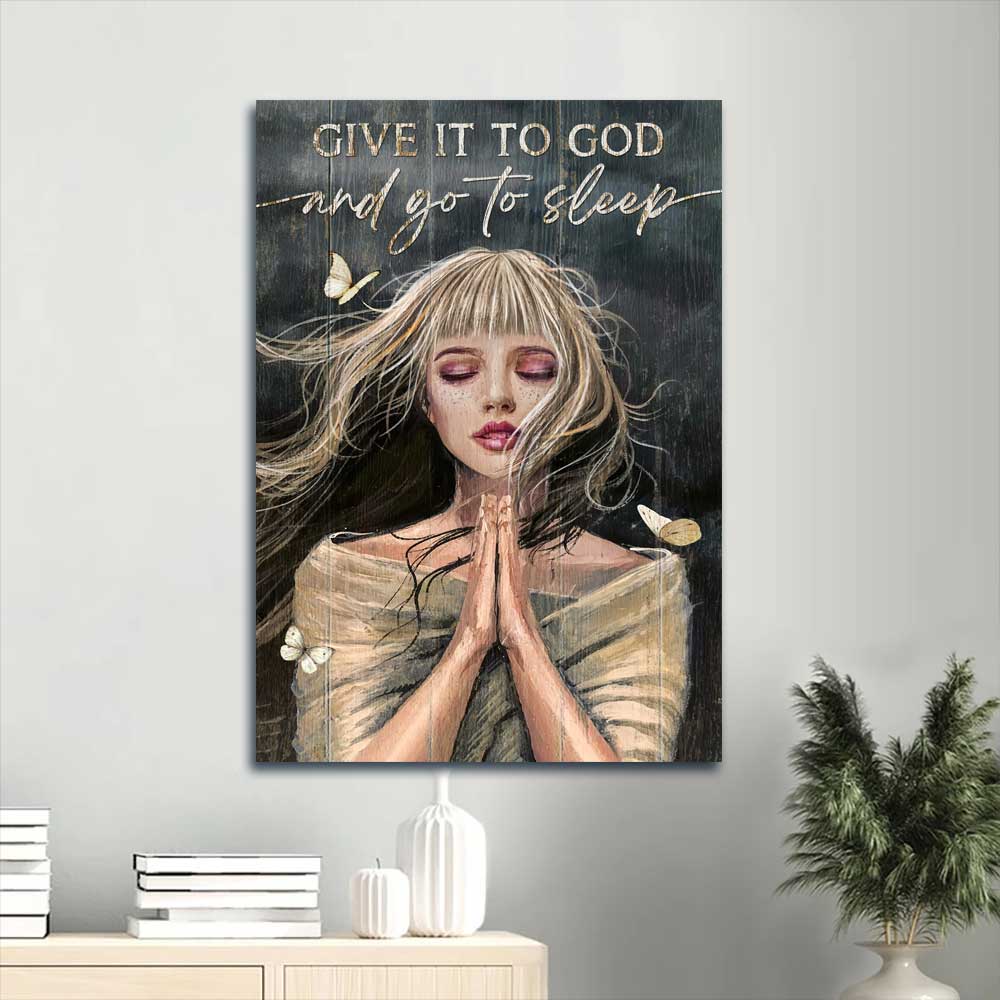 Jesus Portrait Canvas - Praying girl, Beautiful girl, Dark background Canvas - Gift for Christian - Give it to God Portrait Canvas Prints, Christian Wall Art
