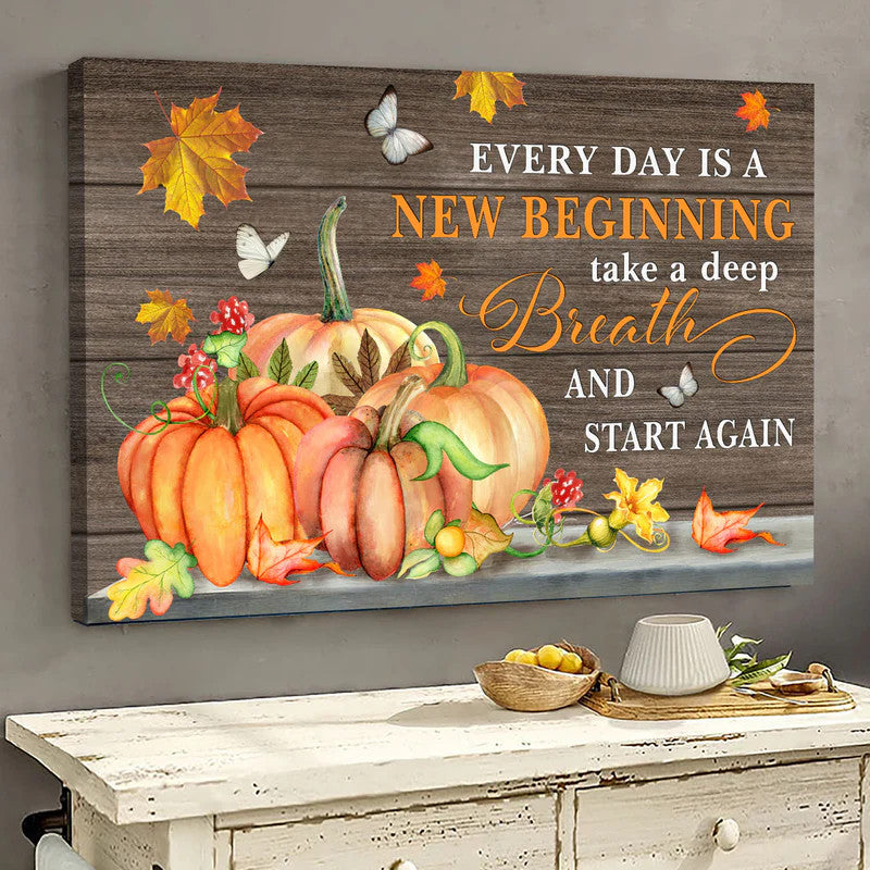 Jesus Landscape Canvas- Halloween painting, Orange pumpkin, White butterfly- Gift for Christian- Every day is a new beginning - Landscape Canvas Prints, Wall Art